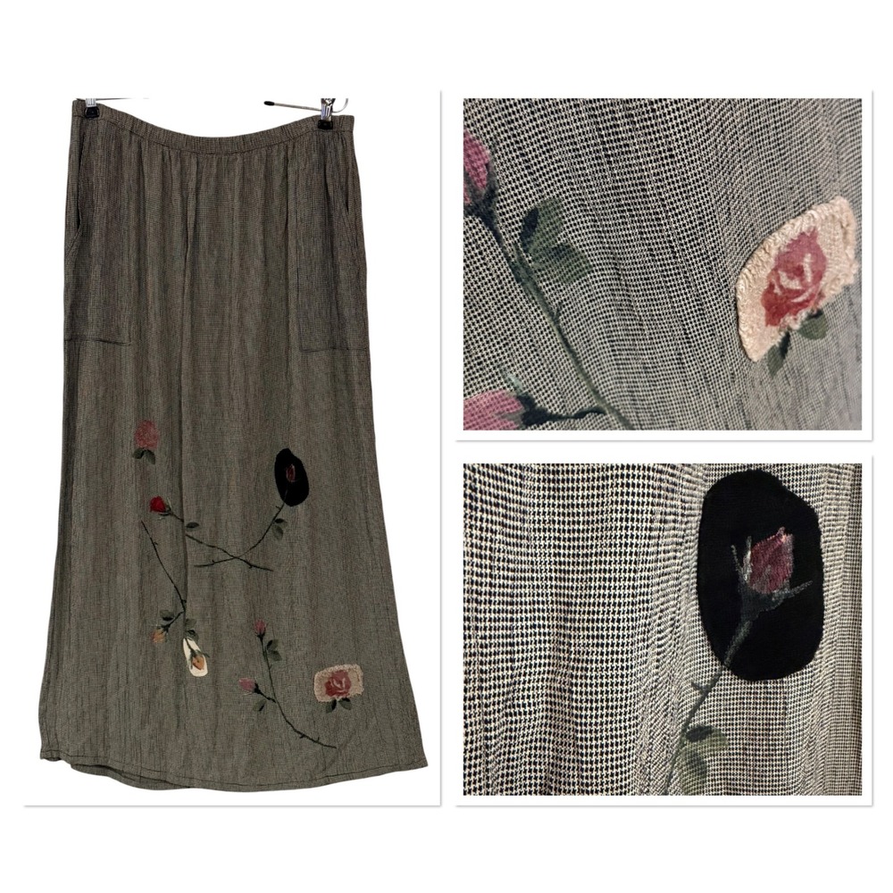 Vtg Bread Staley Gretzinger Floral Applique Hand Painted Maxi Skirt Check Boho 3